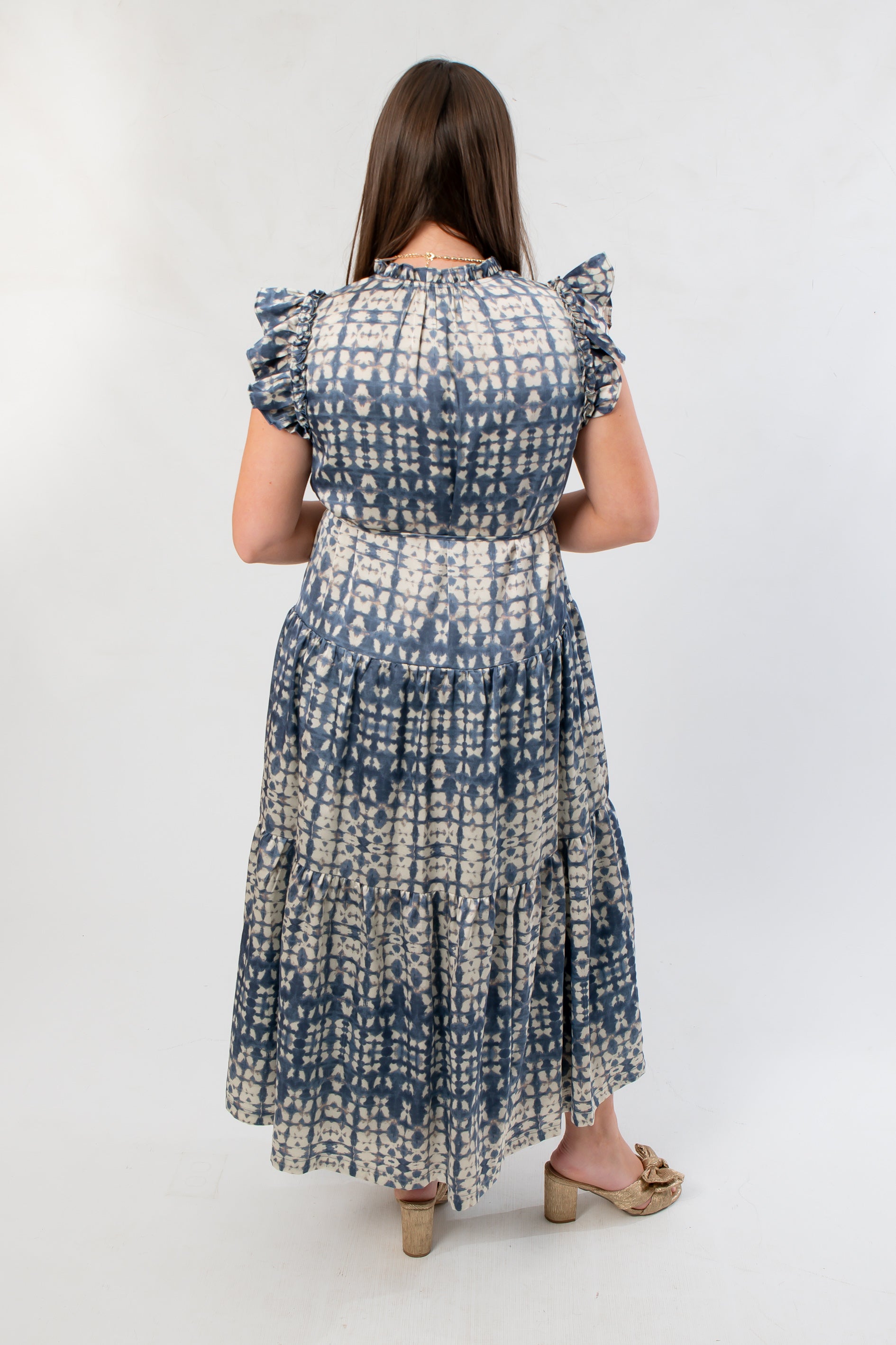 Dusty Blue Abstract Ruffle Sleeve Midi Dress