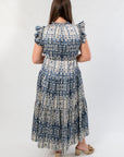 Dusty Blue Abstract Ruffle Sleeve Midi Dress