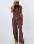 Matching burgundy striped lounge set, burgundy and white striped t shirt, burgundy and white striped loungewear set