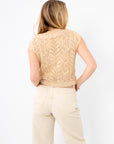 Back view of Crossroads Crochet Sleeveless Knit Top highlighting detailed open-knit pattern and cap sleeves.