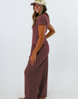 Burgundy and white striped knit tee with ribbed neckline paired with matching striped lounge pants, striped matching set