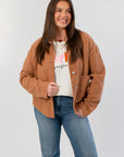 Vintage Camel Twill Utility Jacket – Oversized & Practical with front button closure and large pockets, styled for casual fall layering.