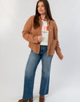 Oversized Vintage Camel Twill Utility Jacket paired with jeans and boots, ideal for neutral-toned fall outerwear looks.