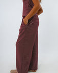 Burgundy and white striped lounge pants set, striped matching set, striped loungewear set, cozy fall set