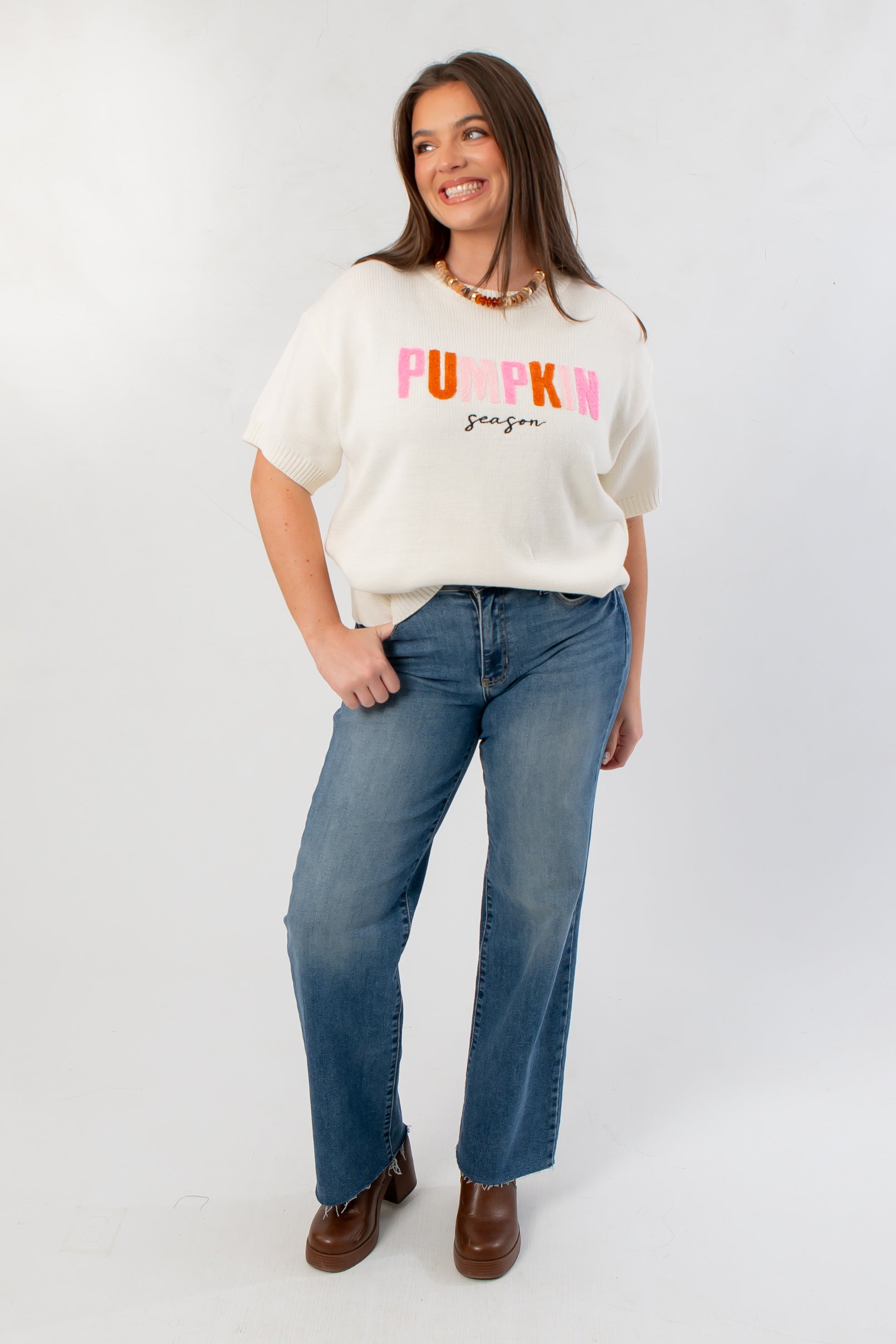 It's Pumpkin Season Embroidered Short Sleeve Sweater