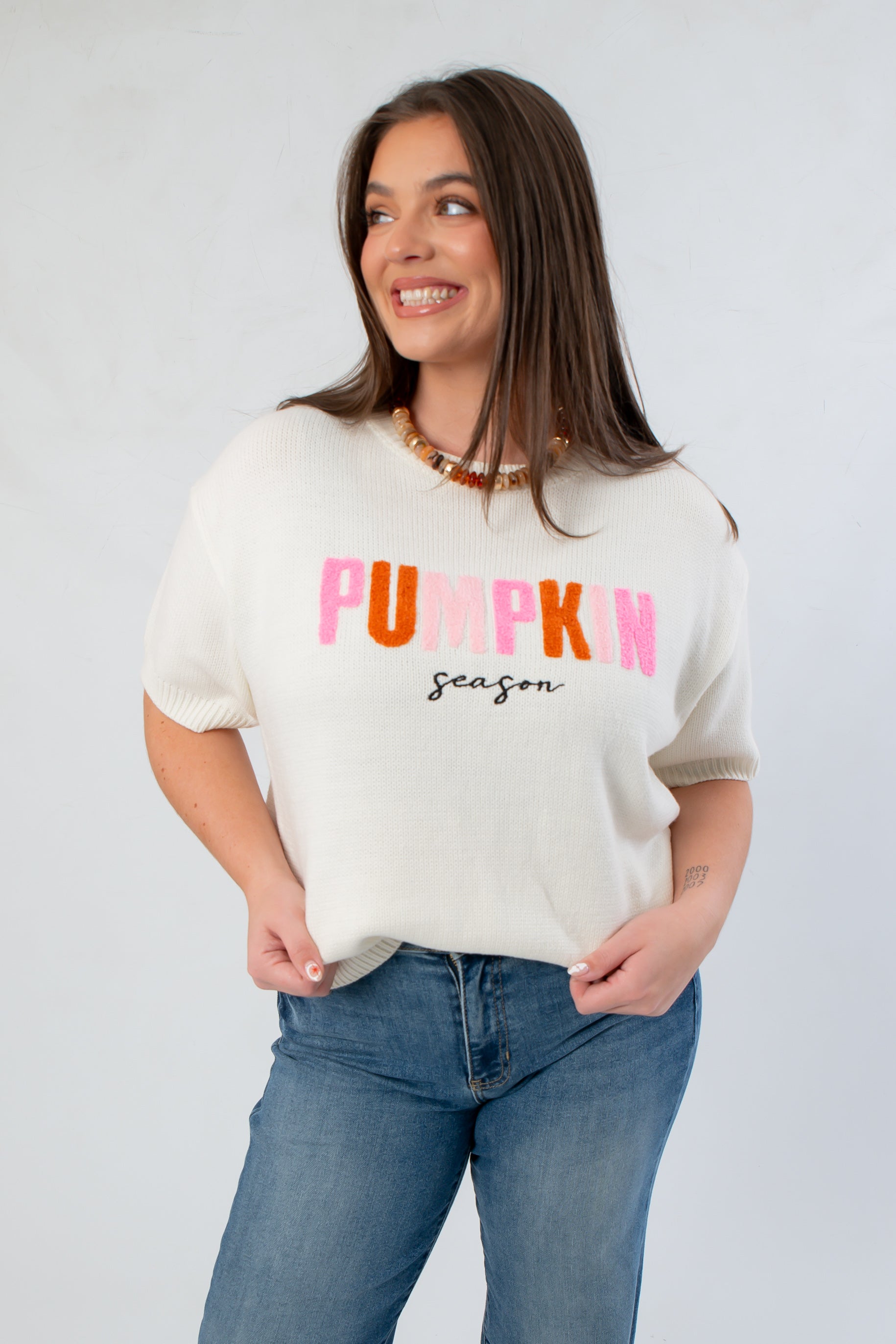 It's Pumpkin Season Embroidered Short Sleeve Sweater