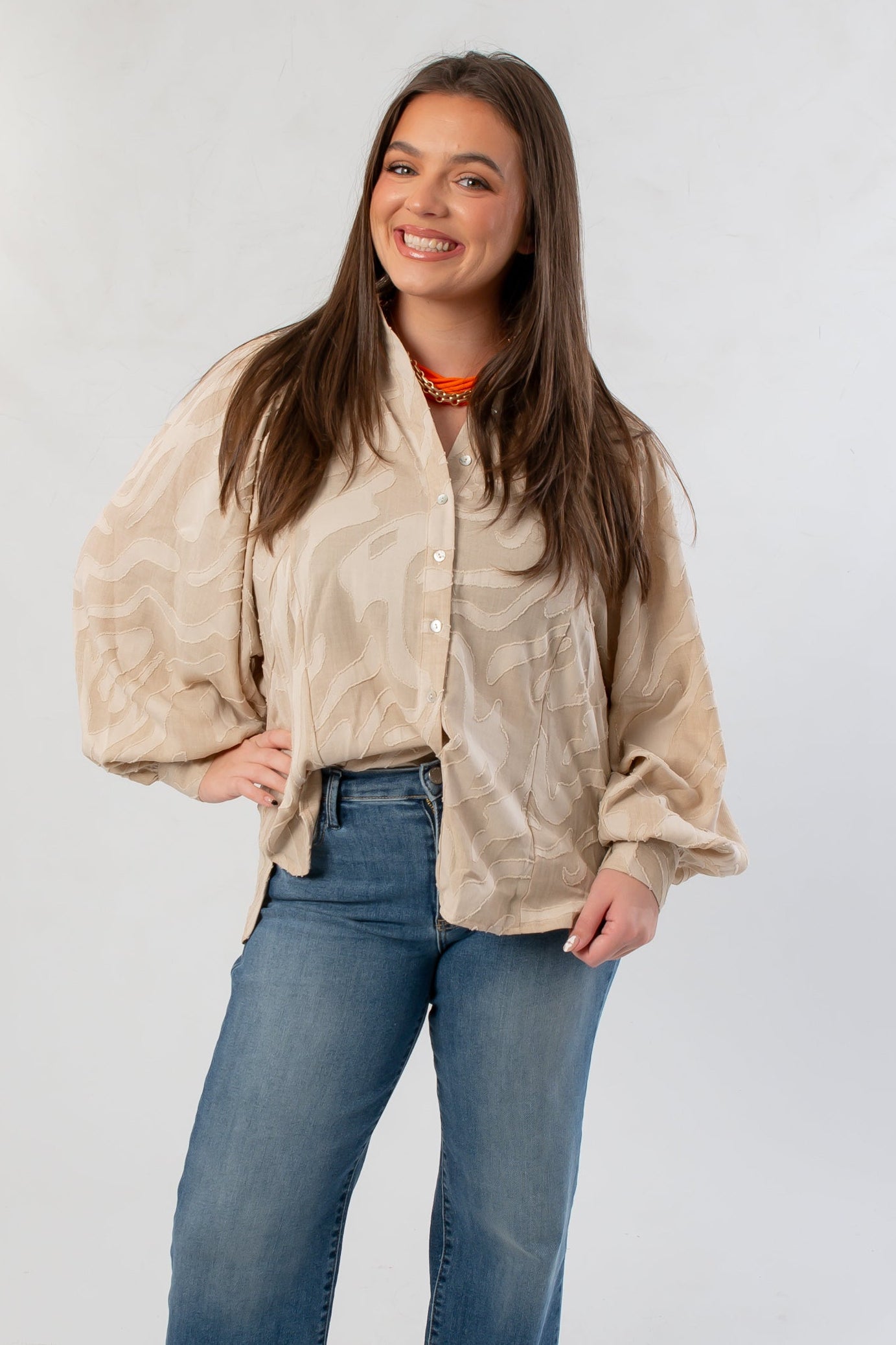 Taupe Tiger Stripe Button Down Blouse