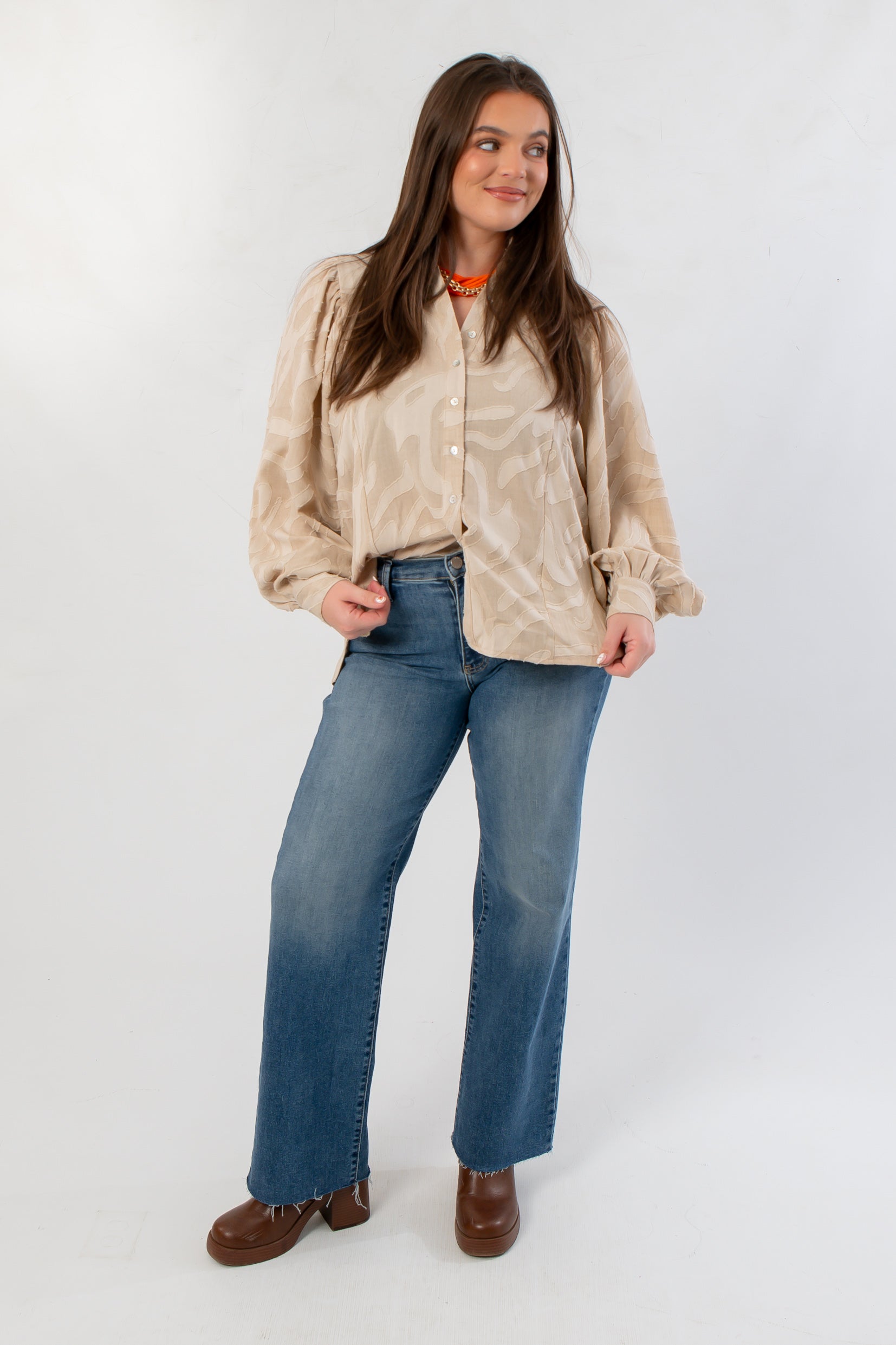 Taupe Tiger Stripe Button Down Blouse