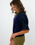 Navy blouse with puff sleeves for fall workwear, navy blouse with denim sleeve details