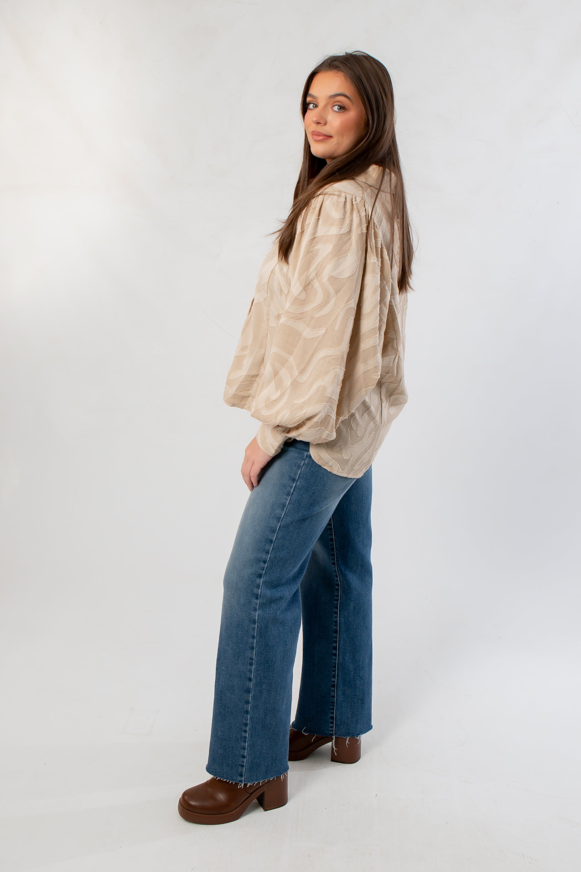 Taupe Tiger Stripe Button Down Blouse