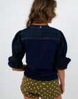 Elevated casual fit denim sweatshirt-style blouse, sweatshirt material blouse, navy workwear, fall workwear, navy blouse