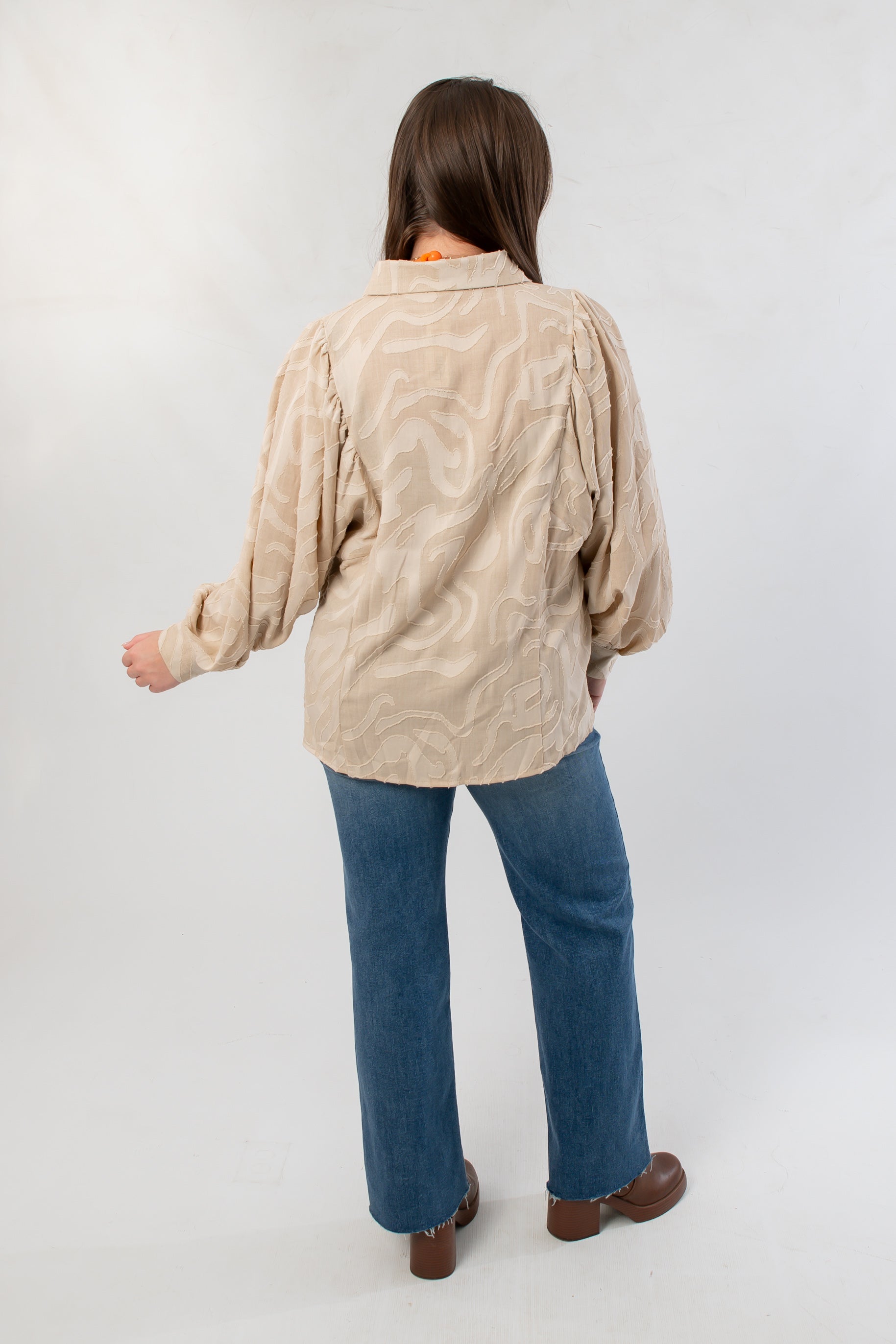 Taupe Tiger Stripe Button Down Blouse