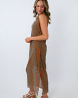 brown and teal maxi dress with mesh overlay