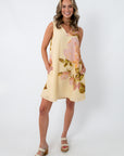 Enchanted Rose Floral Mini Shift Dress in butter cream with pink floral print, pockets, casual spring wedding dress