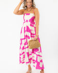 Meet Me in Santorini Fuchsia Wave Maxi Dress with square neckline and abstract pink print, styled for resort and beach fashion.