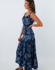 Sleeveless floral denim midi dress, 100% cotton floral midi dress, long denim dress with floral pattern