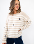 Embroidered Anchor Design on Anchors Away Taupe Stripe Sweater, showcasing soft knit fabric and nautical-inspired stripes in a cozy silhouette.