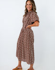 Mind Your Manners Brown & Ivory Floral Eyelet Midi Dress with puff sleeves, fall workwear, fall midi dress, brown and white floral dress