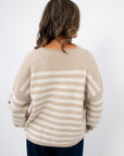 Back view of Anchors Away Taupe Stripe Sweater showing horizontal stripe pattern and soft knit texture, ideal for versatile casual styling.