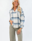 Z Supply Vintage Indigo River Plaid Button Up – Soft flannel shirt with blue and cream plaid, front chest pocket, and relaxed fit for casual layering.