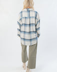 Z Supply Vintage Indigo River Plaid Button Up – Back view showing relaxed fit and pleated detail, perfect for layering in fall and winter outfits.