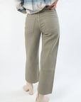 Back view of Rosemary Utility Wide Leg Jeans featuring back patch pockets and cropped wide leg design in soft faded green denim.