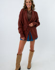 Lightweight knit cardigan with tassel belt for autumn, brown open front cardigan, brown lightweight cardigan