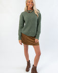 Lightweight Dark Sage Ribbed Crewneck Sweater paired with brown ankle boots and mini skirt, ideal for cozy fall outfits.