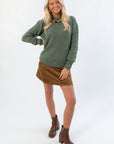 Dark Sage Ribbed Crewneck Sweater – Lightweight Fall Knit styled with neutral tones, perfect for Thanksgiving or autumn layering.