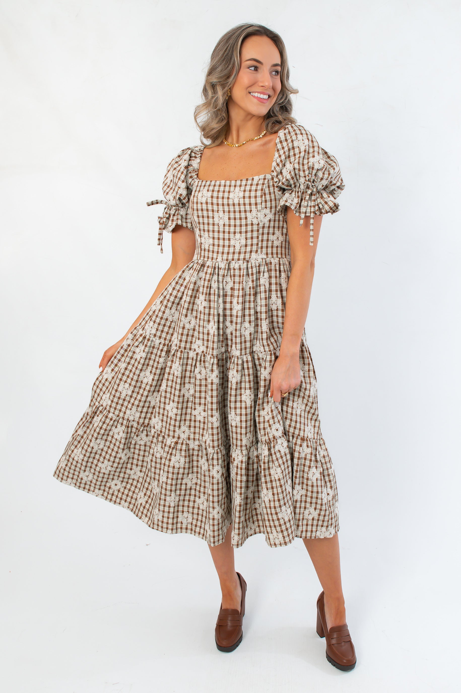 Ruthie Brown Plaid Tiered Midi Dress