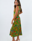 Lined sleeveless green floral midi dress for weddings, fall wedding guest dress, floral wedding guest dress, green wedding guest dress