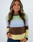 Lightweight ribbed fall sweater with stripes, striped sweater, brown striped sweater