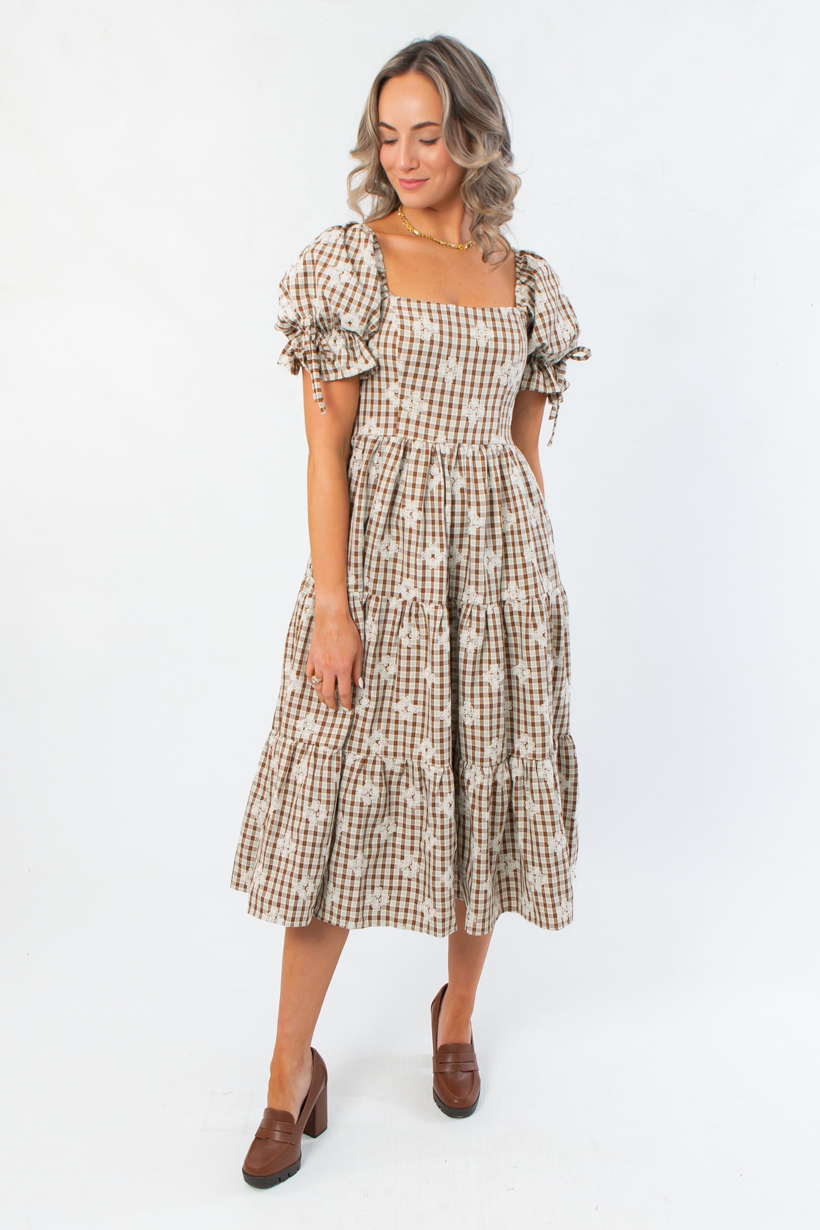 Ruthie Brown Plaid Tiered Midi Dress
