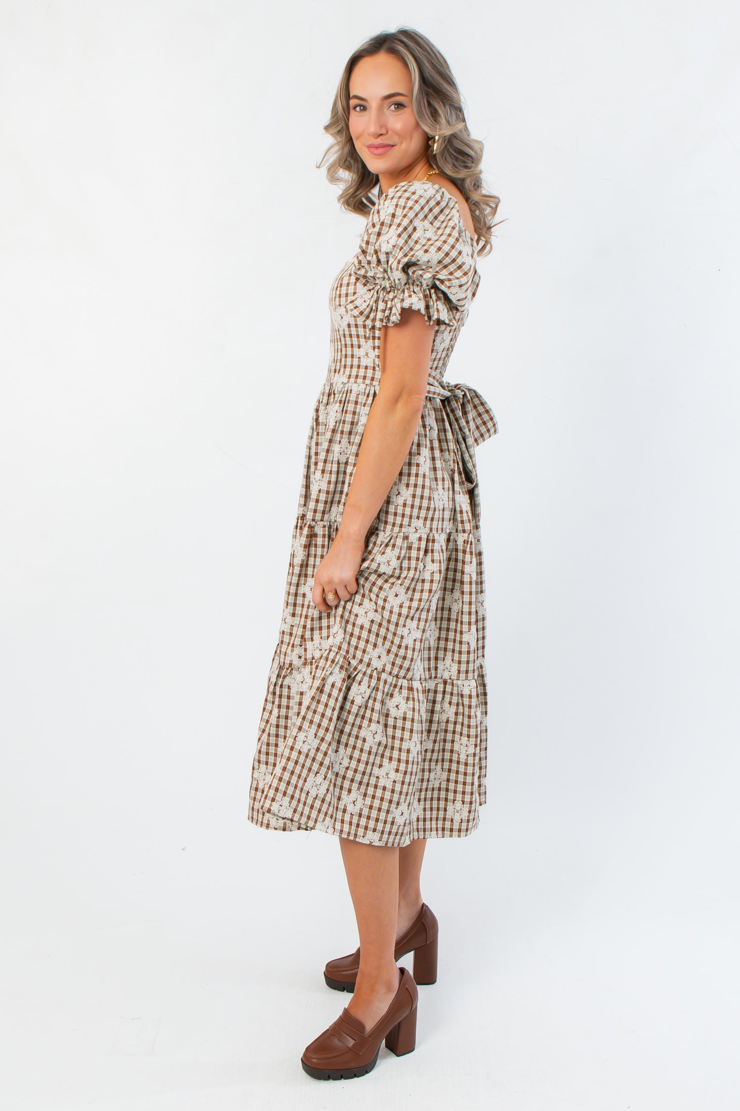 Ruthie Brown Plaid Tiered Midi Dress
