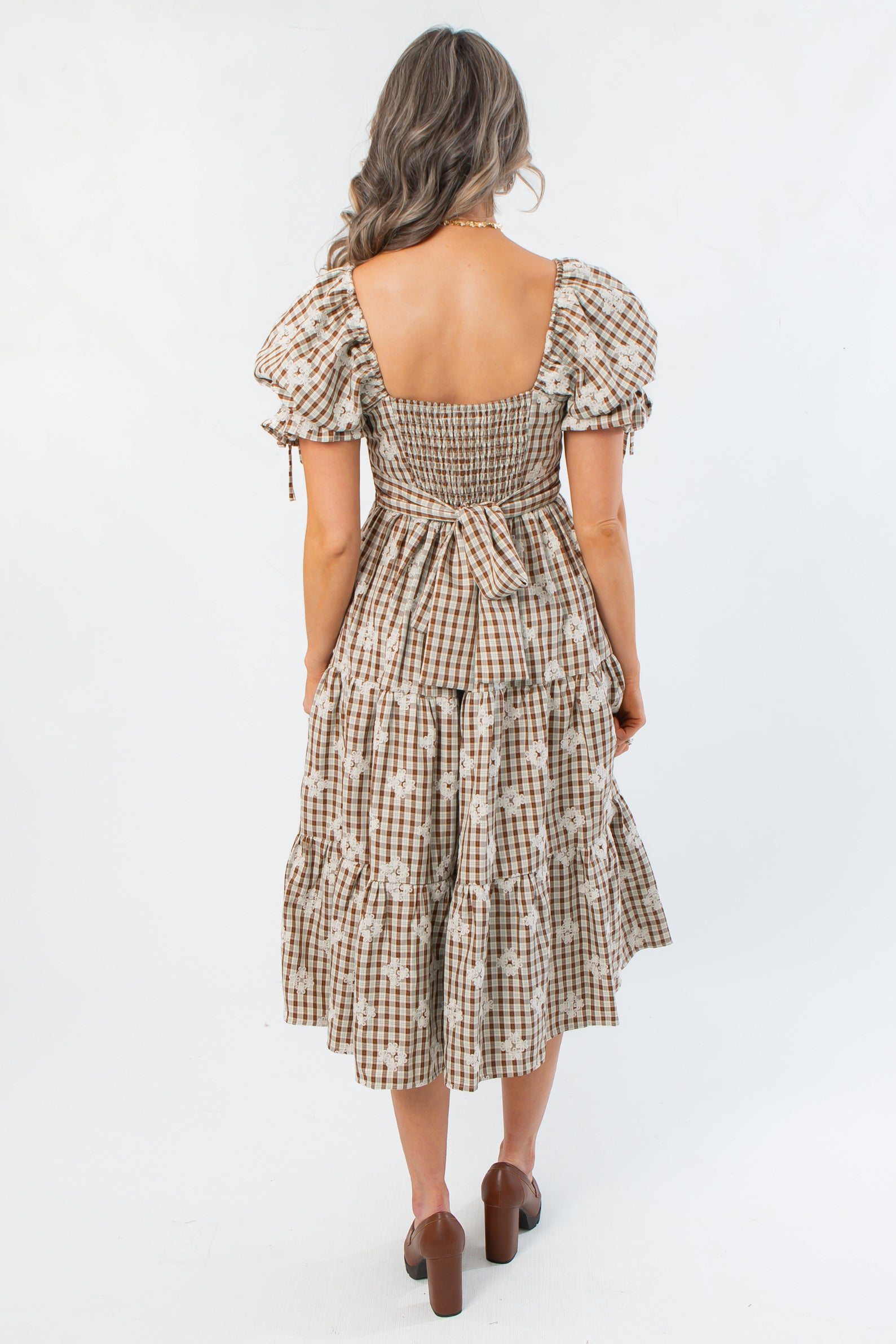 Ruthie Brown Plaid Tiered Midi Dress