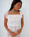White Eyelet Ruffle Smocked Top