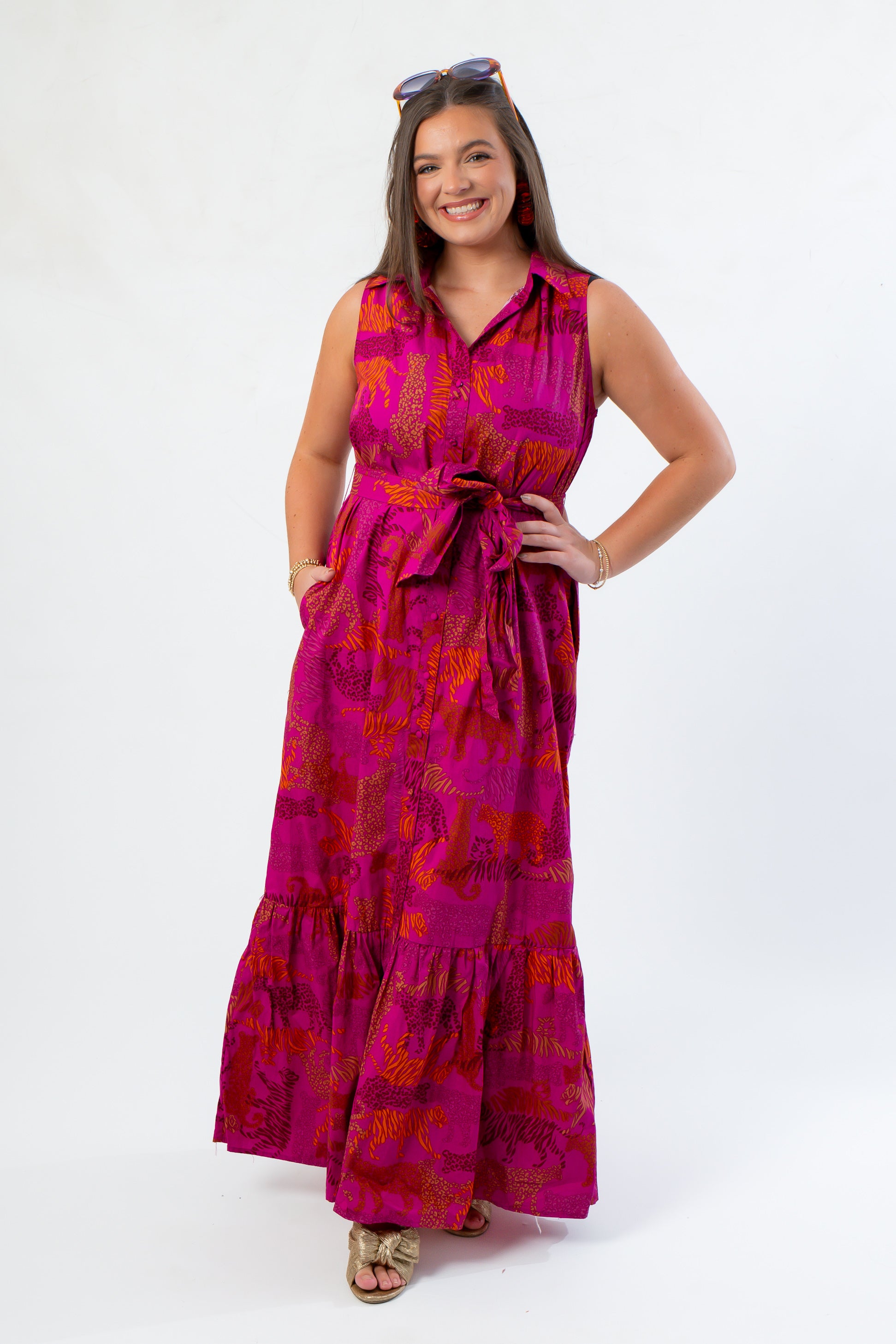 Cileah Maxi Dress in bold magenta with jungle print and tie waist, perfect for summer events or Clemson gameday fashion.