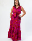 Cileah Maxi Dress in bold magenta with jungle print and tie waist, perfect for summer events or Clemson gameday fashion.