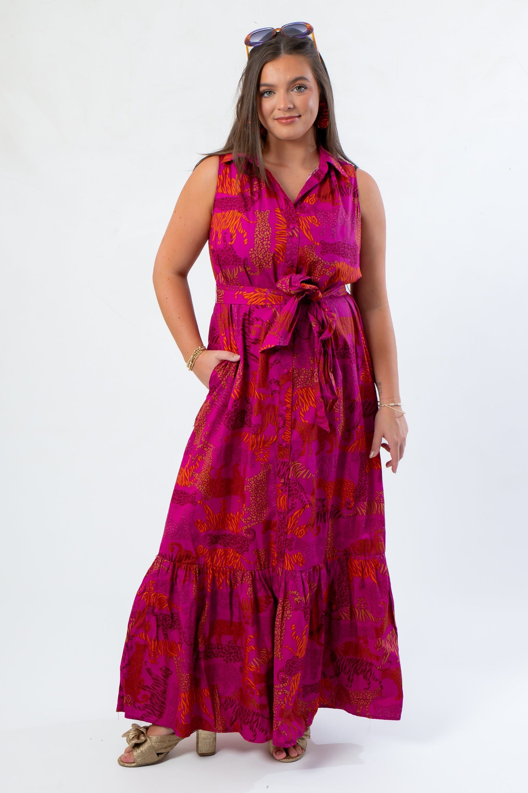 Front view of Cileah Jungle Dress in magenta with tiger print, button-down top, and flowy maxi silhouette for standout style.