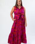 Front view of Cileah Jungle Dress in magenta with tiger print, button-down top, and flowy maxi silhouette for standout style.