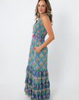 Back view of floral maxi dress showcasing detailed pattern and fit