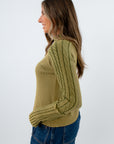 Comfortable moss green cable knit sweater with turtle neckline, Free People turtleneck sweater, olive green cable knit sweater