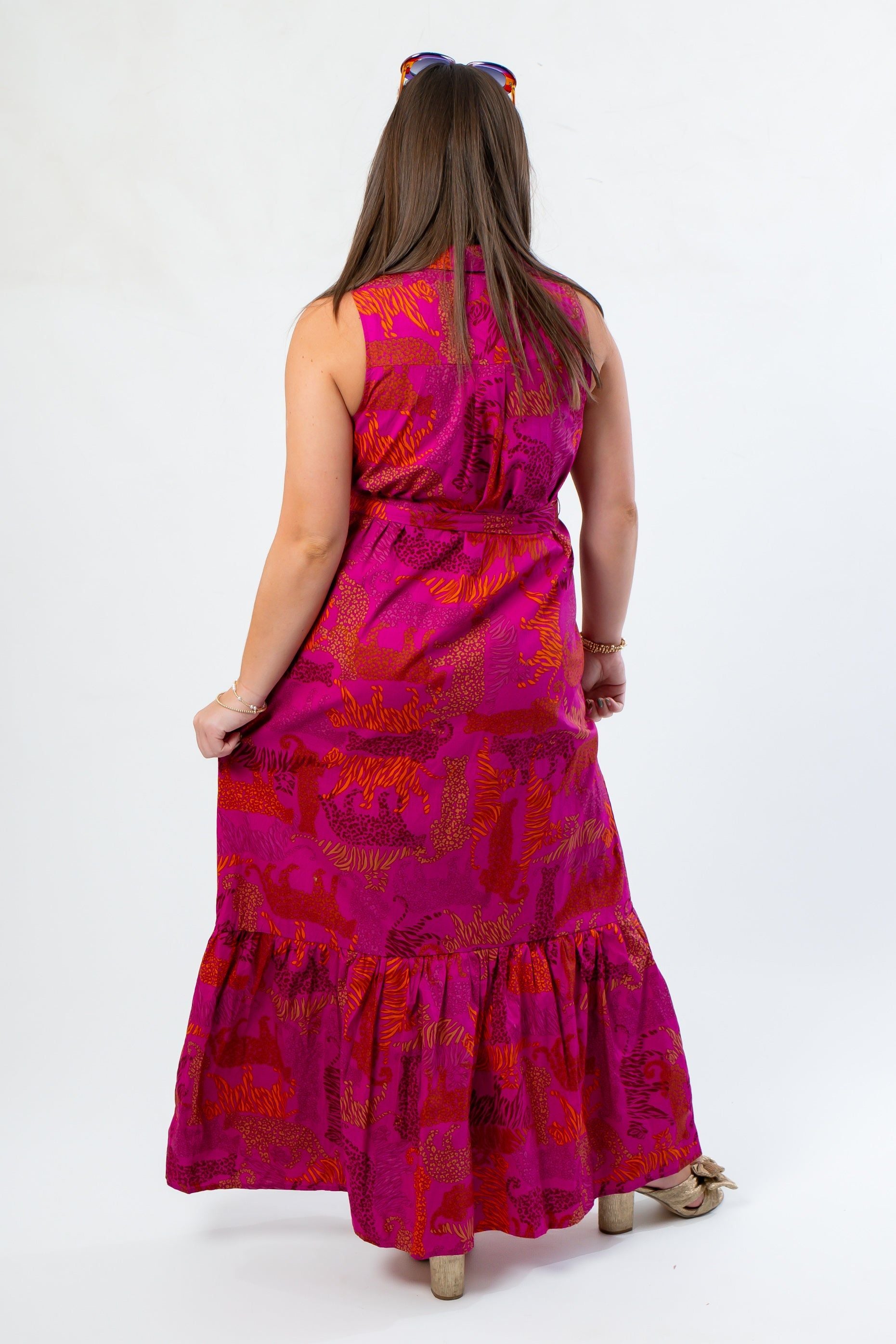 Back view of Cileah Jungle Dress in magenta with tiered maxi skirt and bold tiger pattern, ideal for patterned dress lovers.