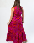 Back view of Cileah Jungle Dress in magenta with tiered maxi skirt and bold tiger pattern, ideal for patterned dress lovers.