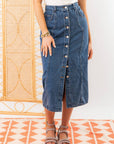 Close-up of Bethany Denim Skirt - Dark Wash Button Down showing front buttons and structured seams for a flattering fit.