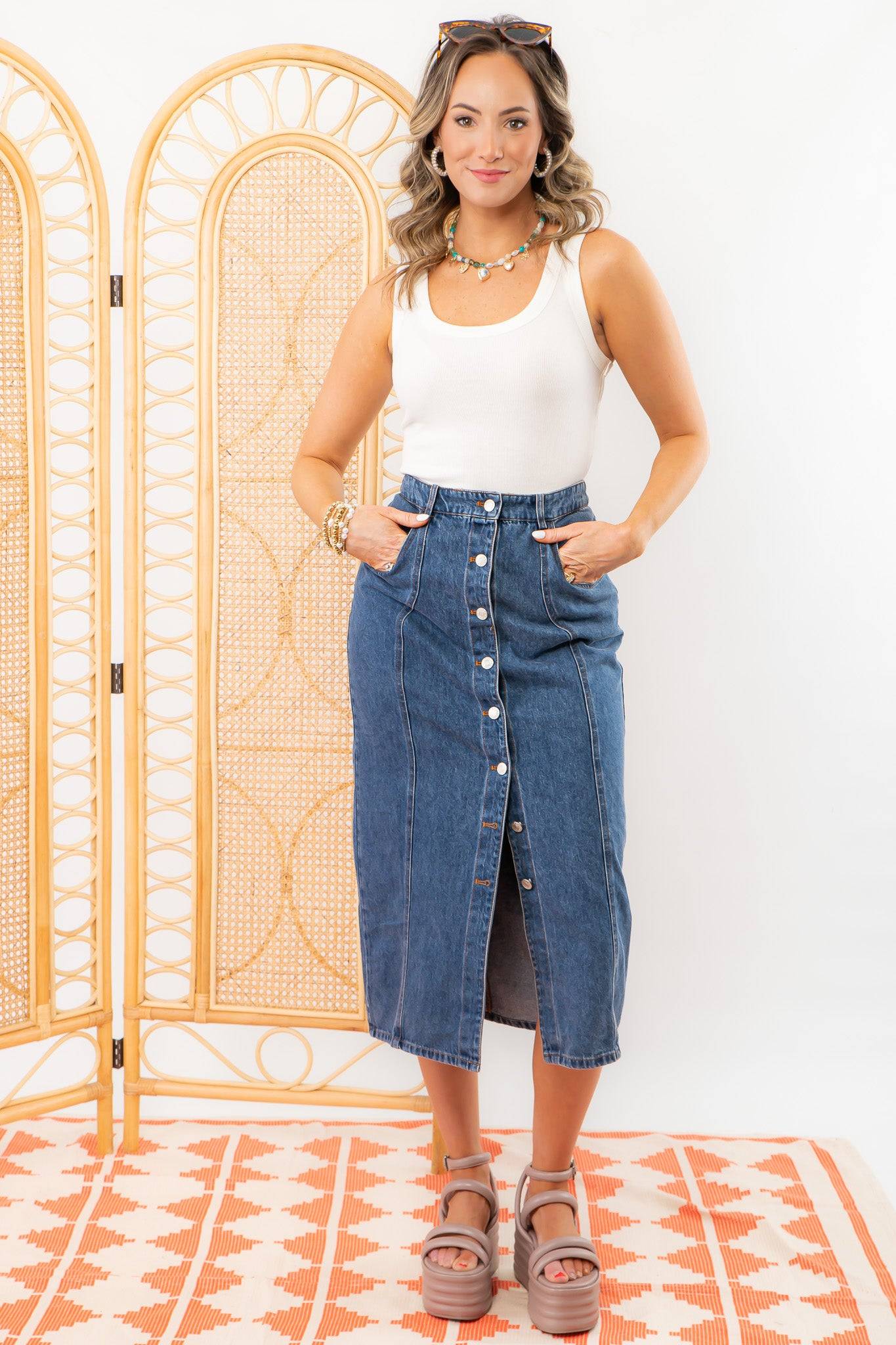 Bethany Denim Skirt - Dark Wash Button Down styled with a white tank top and platform sandals, perfect for casual chic outfits.