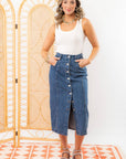 Bethany Denim Skirt - Dark Wash Button Down styled with a white tank top and platform sandals, perfect for casual chic outfits.