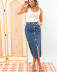 Bethany Dark Wash Button Down Denim Skirt with front slit and pockets, ideal for versatile styling and everyday wear.