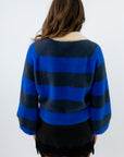 Long sleeve polo collar blue striped sweater, electric blue sweater, long sleeve blue sweater