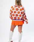 Back view of Queen of Sparkles Clemson Mascot Rhinestone Cardigan showcasing full coverage of orange rhinestone tiger paw prints.